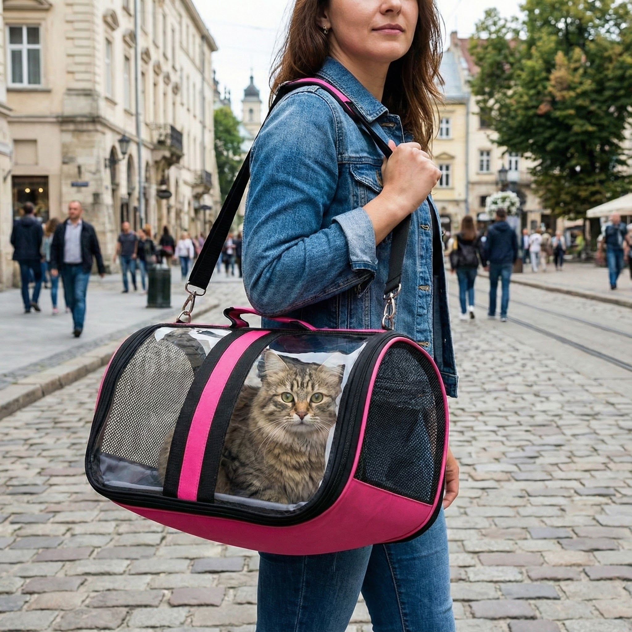 Bacco Milano Şeffaf Kedi Köpek Taşıma Çantası 44x28x28cm (Pembe)