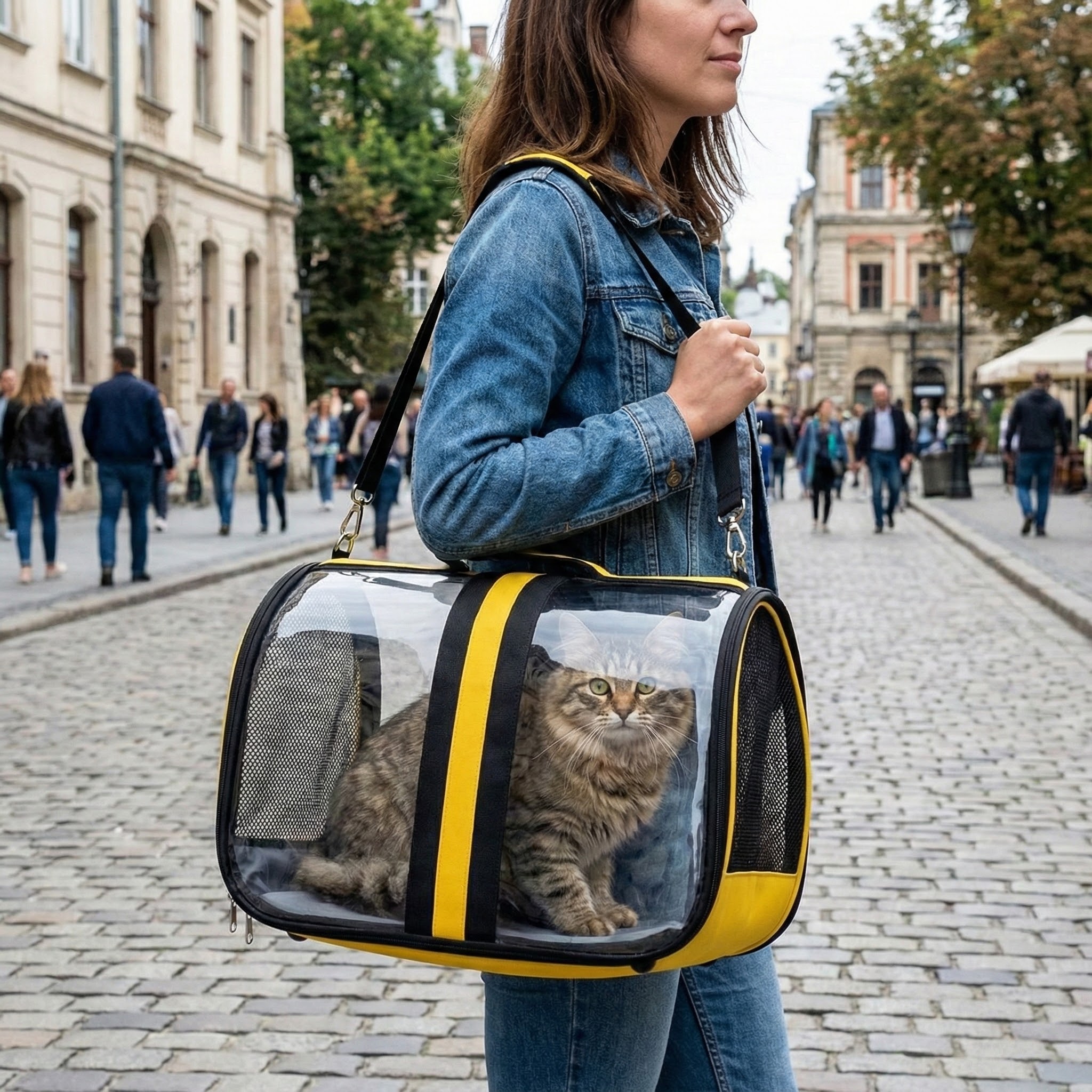 Bacco Milano Şeffaf Kedi Köpek Taşıma Çantası 44x28x28cm (Sarı)