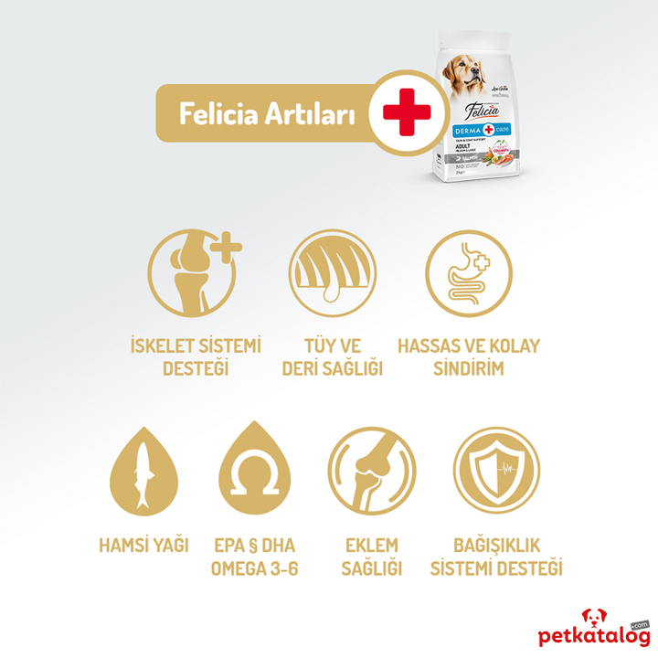 Felicia Derma Care 15 Kg غذای حاوی کلاژن ضدحساسیت سگ بالغ نژاد متوسط و بزرگ با سالمون