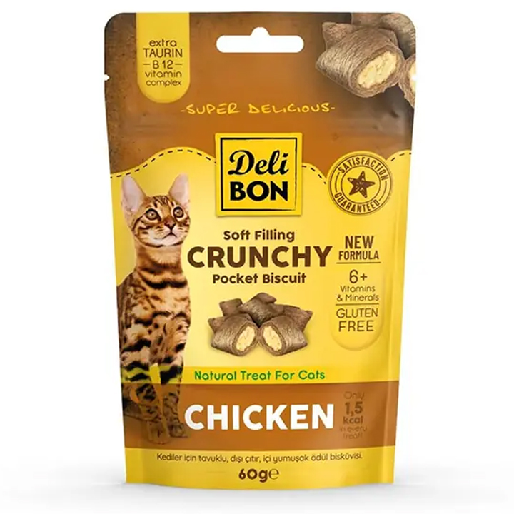 Delibon Crunchy İçi Dolgulu Bisküvi Tavuklu Kedi Ödülü 60gr