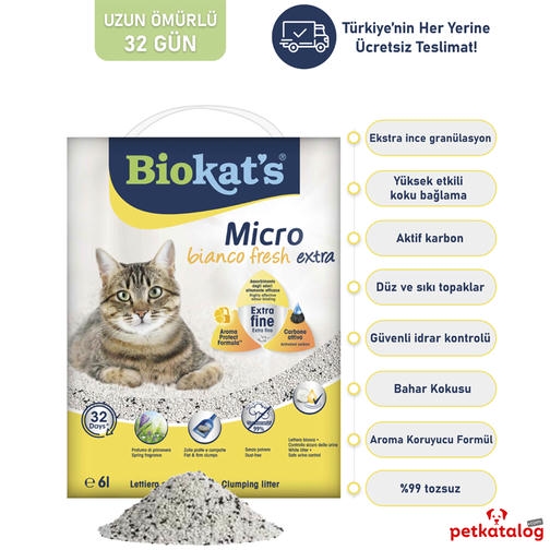 Biokat's Bianco Extra Aktif Karbonlu Bahar Kokulu 6 LT İnce Taneli Topaklanan Bentonit Kedi Kumu