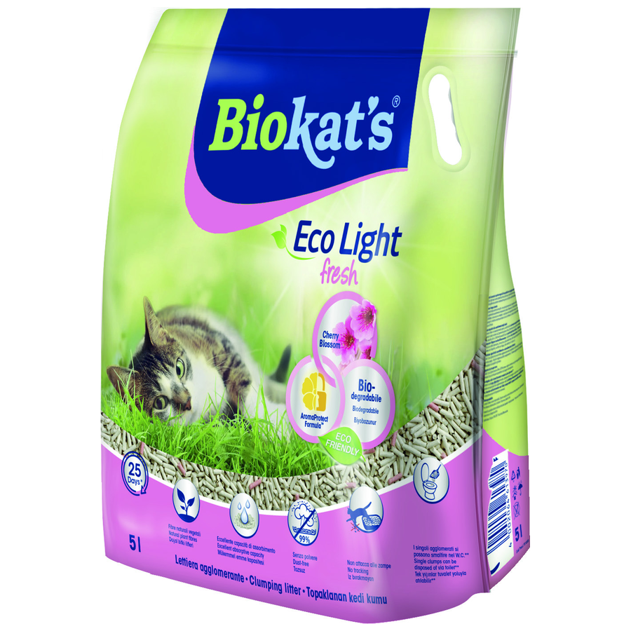 Biokat's Eco Light خاک بستر گربه گیاهی با رایحه شکوفه گیلاس 5 LT، کلوخه‌شونده