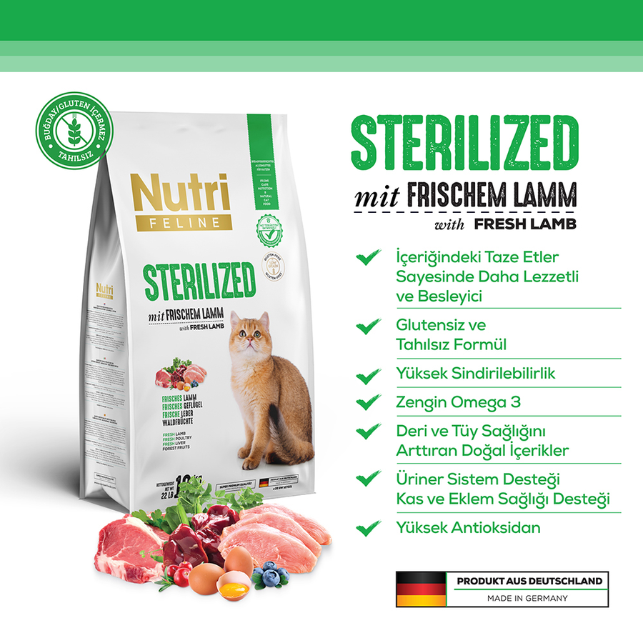Nutri Feline Sterilised 10 کیلوگرم غذای کم‌غلات گربه عقیم‌شده با بره