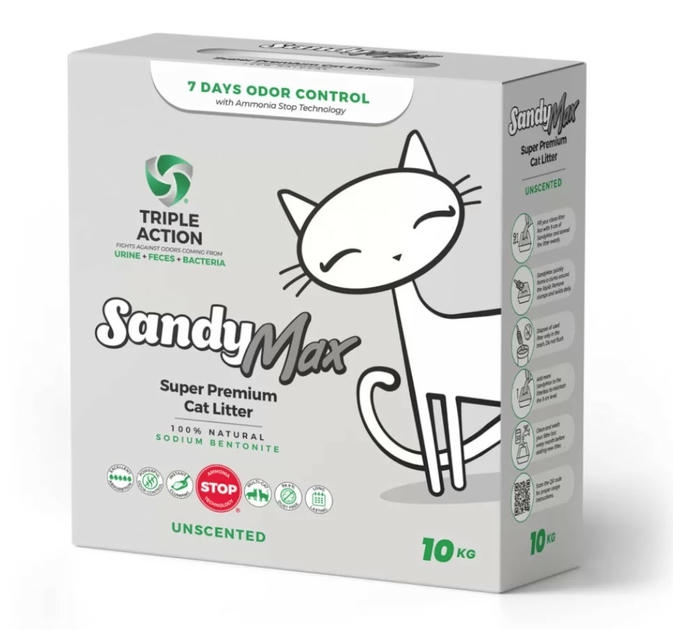 Sandy Max Triple Action Aktif Karbonlu 10 LT İnce Taneli Topaklanan Bentonit Kedi Kumu