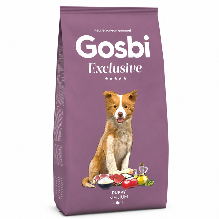 Gosbi Exclusive Düşük Tahıllı Tavuklu, Balıklı ve Kuzulu Orta Irk Yavru Köpek Maması 500GR