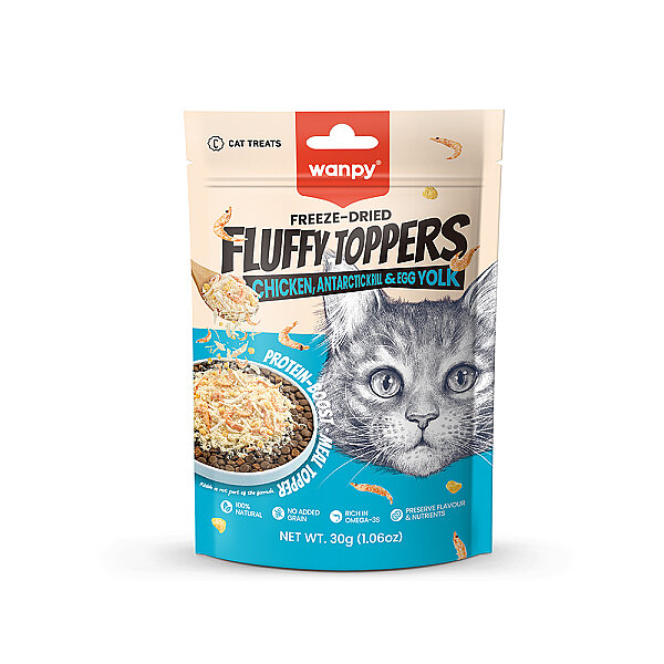 Wanpy Fluffy Topper Dondurularak Kurutulmuş Tavuk Karides ve Yumurta Sarılı Kedi Ödül Maması 30gr