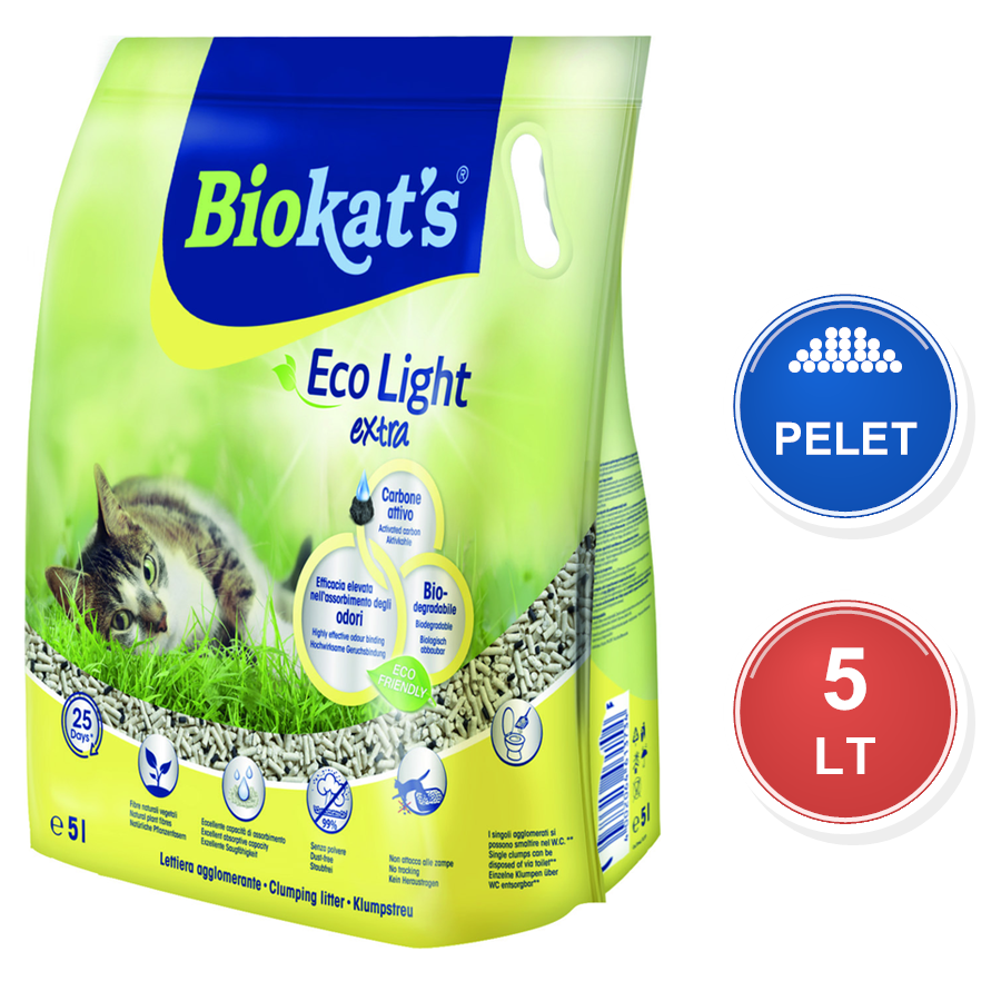 Biokat's Eco Light Extra Aktif Karbonlu 5 LT Pelet Topaklanan Bitkisel Kedi Kumu