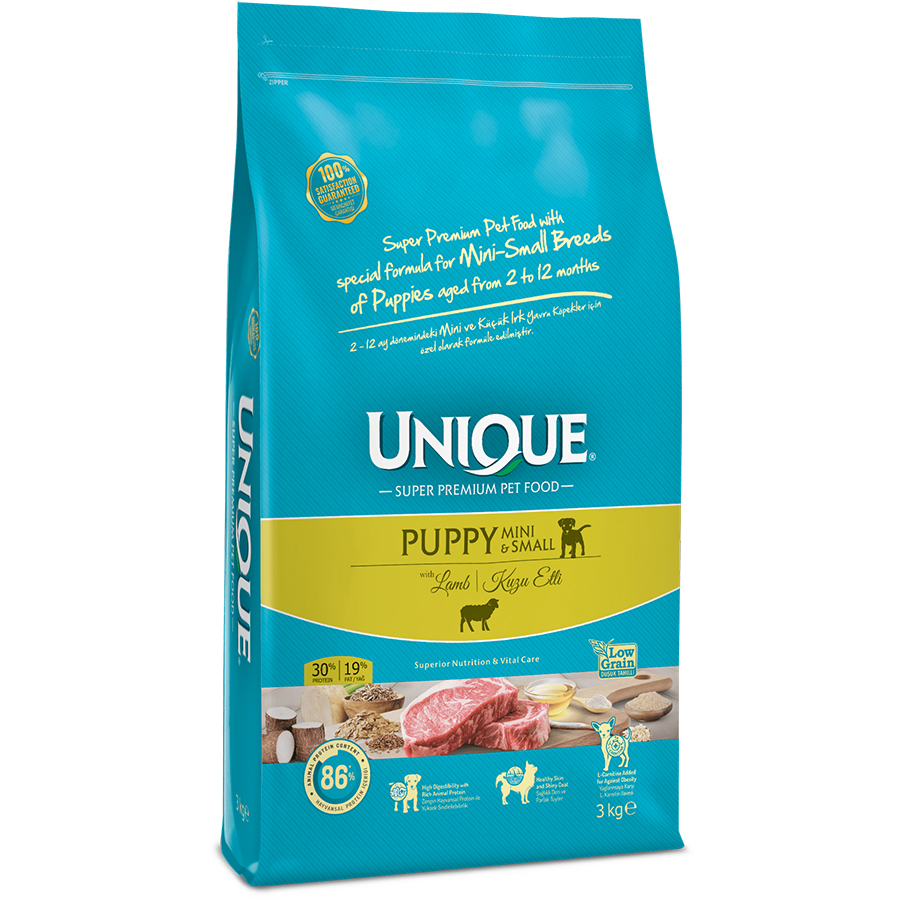 Unique Düşük Tahıllı Küçük ve Mini Irk Kuzu Etli Yavru Köpek Maması 3 Kg