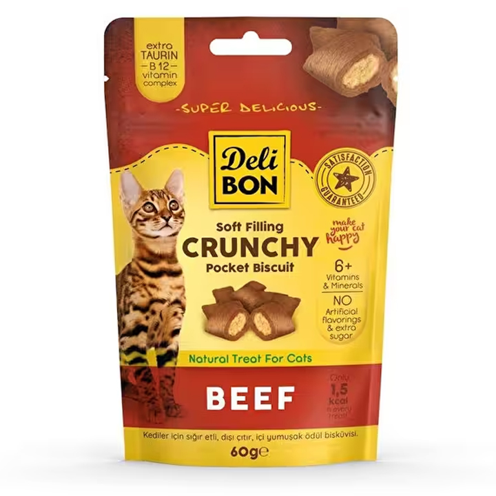 Delibon Crunchy İçi Dolgulu Bisküvi Sığır Etli Kedi Ödülü 60gr