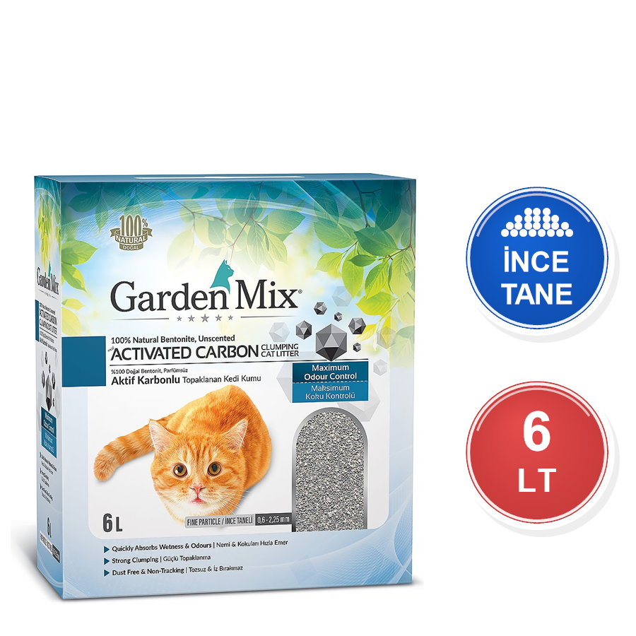 Garden Mix Aktif Karbonlu Kokusuz 6 LT İnce Taneli Topaklanan Bentonit Kedi Kumu