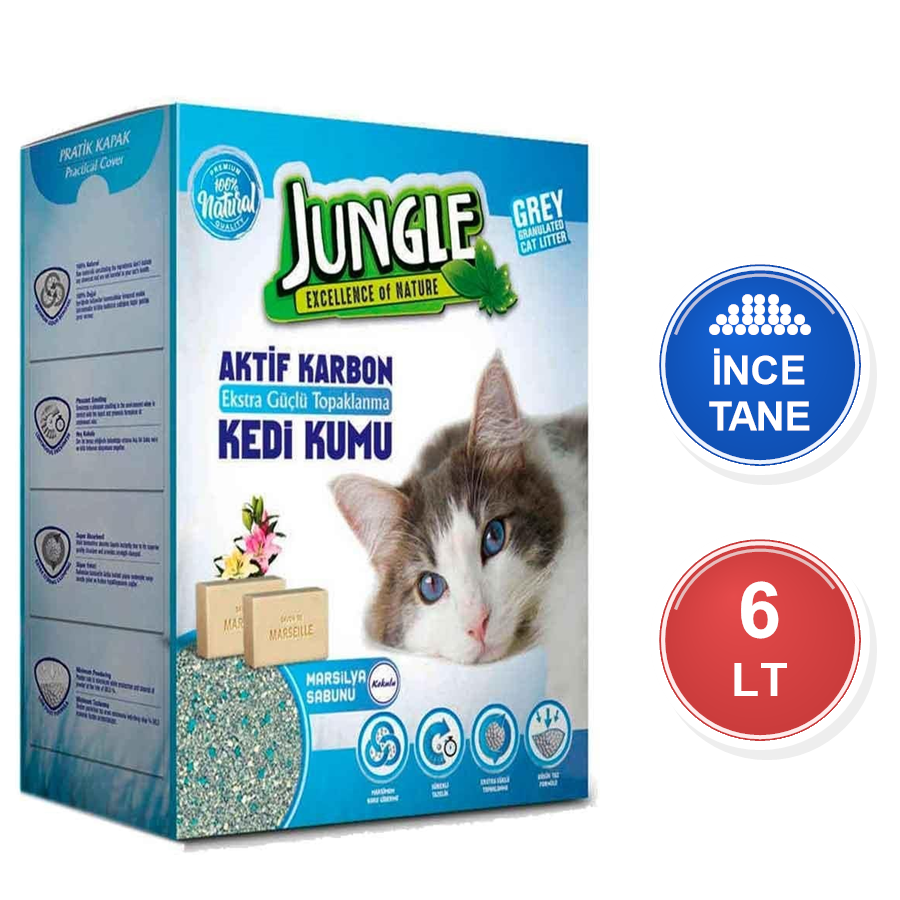 Jungle Aktif Karbonlu Marsilya Sabunu Kokulu 6 LT / 5,1 KG İnce Taneli Topaklanan Bentonit Kedi Kumu