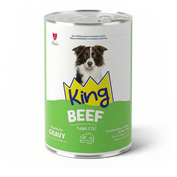 King Sos İçerisinde Et Parçacıklı Dana Etli Yetişkin Köpek Konservesi 400 gr