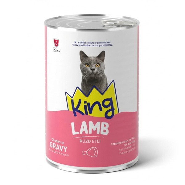 King Sos İçerisinde Et Parçacıklı Kuzu Etli Yetişkin Kedi Konservesi 400 gr