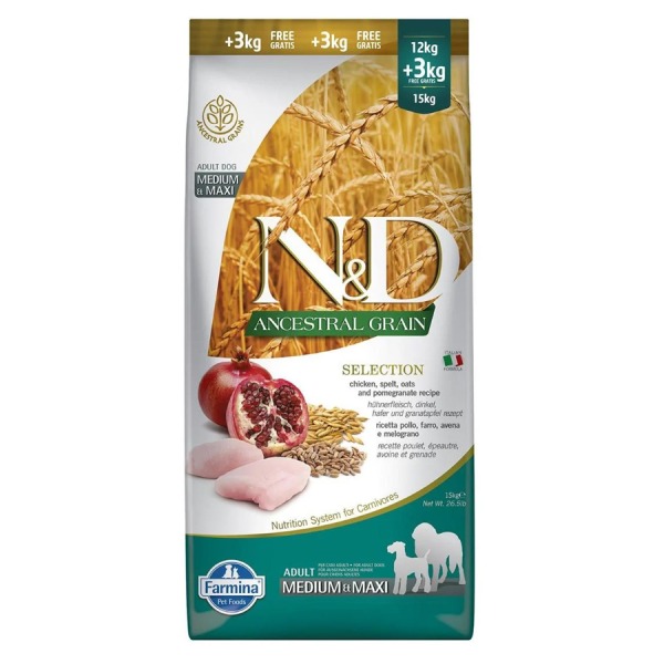N&D Ancestral Grain - Düşük Tahıllı Tavuklu ve Narlı Orta ve Büyük Irk Yetişkin Köpek Maması 12+3KG (BONUS PAKET)