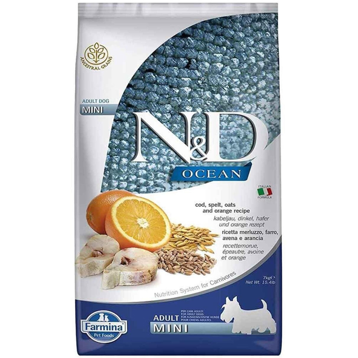 N&D Ocean - Düşük Tahıllı - Morina Balıklı ve Portakallı Küçük Irk Yetişkin Köpek Maması 7KG