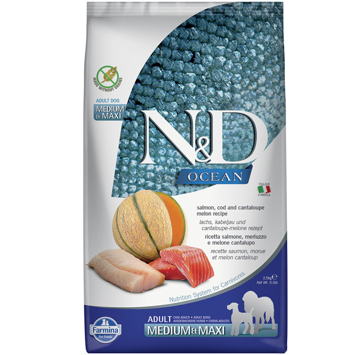 N&D Ocean - Somonlu, Morina Balıklı ve Kavunlu Tahılsız Orta ve Büyük Irk Yetişkin Köpek Maması 2,5KG