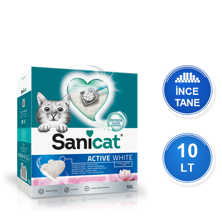 Sanicat Active White Lotus Çiçeği Kokulu 10 LT İnce Taneli Topaklanan Bentonit Kedi Kumu