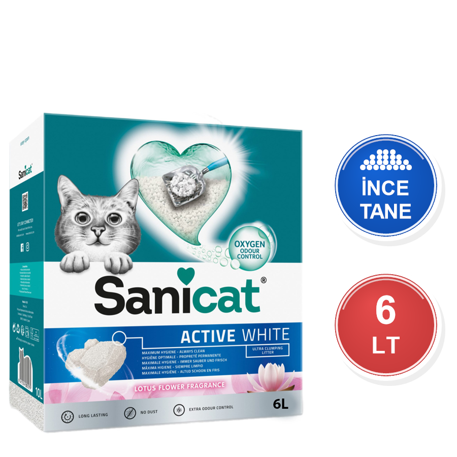 Sanicat Active White Lotus Çiçeği Kokulu 6 LT İnce Taneli Topaklanan Bentonit Kedi Kumu