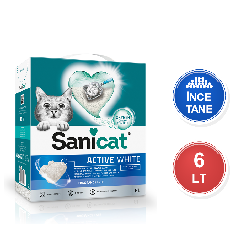 Sanicat Active White Ultra Oksijen Control 6 LT İnce Taneli Topaklanan Bentonit Kedi Kumu