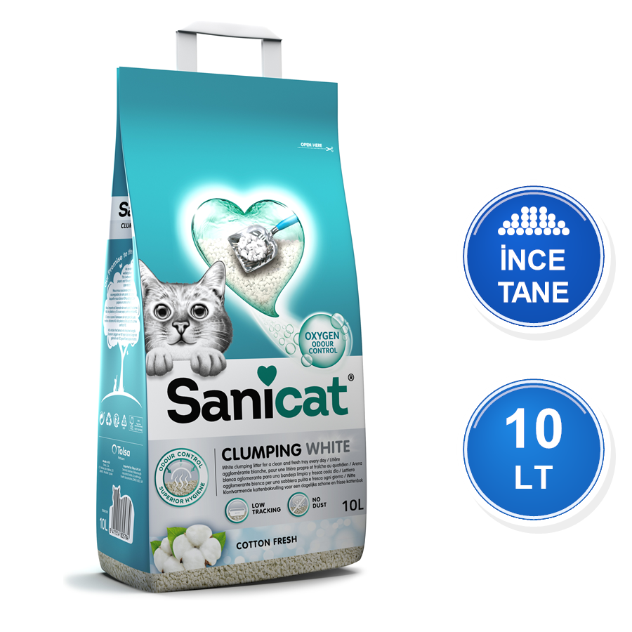Sanicat Oksijen Kontrol Pamuk Ferahlığı Kokulu 10 LT İnce Taneli Topaklanan Bentonit Kedi Kumu