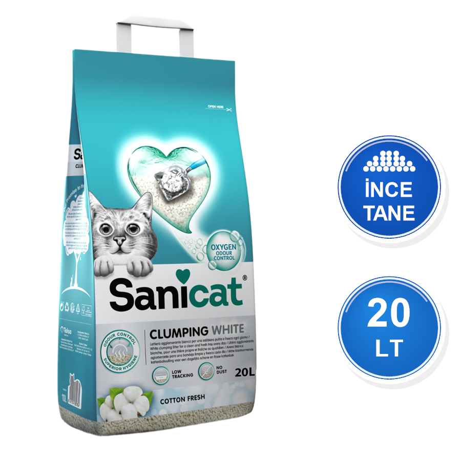 Sanicat Oksijen Kontrol Ultra Emici Pamuk Ferahlığı Kokulu 20 LT İnce Taneli Topaklanan Bentonit Kedi Kumu