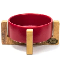 PetVoda Ozark وعاء طعام وماء من السيراميك مع حامل خشبي، لون أحمر 18,5x7,5 cm (400 ml)