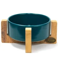 PetVoda Ozark وعاء طعام وماء من السيراميك مع حامل خشبي، أزرق بترولي 18,5x7,5 cm (400 ml)