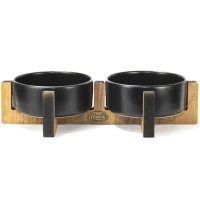 PetVoda Ozark طقم أوعية طعام وماء سيراميك مزدوج مع حامل خشبي أسود 33x16x6 cm (400 ml x 2)