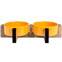 PetVoda Ozark طقم أوعية طعام وماء سيراميك مزدوجة مع حامل خشبي الخردل 33x16x6 cm (400 ml x 2)
