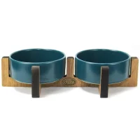 PetVoda Ozark طقم أوعية طعام وماء سيراميك مزدوجة مع حامل خشبي أزرق بترولي 33x16x6 cm (400 ml x 2)
