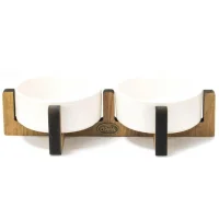 PetVoda Ozark طقم أوعية طعام وماء سيراميك مزدوجة مع حامل خشبي أبيض 33x16x6 cm (400 ml x 2)