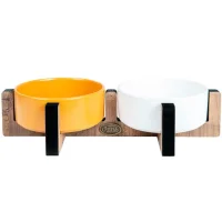 PetVoda Ozark طقم أوعية طعام وماء سيراميك مزدوجة مع حامل خشبي أبيض خردل 33x16x6 cm (400 ml x 2)