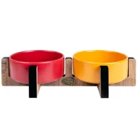 PetVoda Ozark طقم أوعية طعام وماء سيراميك مزدوجة مع حامل خشبي، أحمر خردل 33x16x6 cm (400 ml x 2)