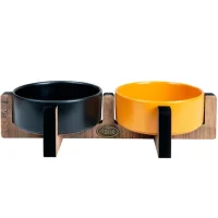 PetVoda Ozark طقم أوعية طعام وماء سيراميك مزدوجة مع حامل خشبي أسود الخردل 33x16x6 cm (400 ml x 2)