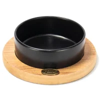 PetVoda Ozark وعاء طعام وماء سيراميك بيضاوي بقاعدة خشبية أسود 19,5 cm (400 ml)