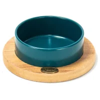PetVoda Ozark وعاء طعام وماء سيراميك بيضاوي بقاعدة خشبية أزرق بترولي 19,5 cm (400 ml)