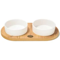 PetVoda Ozark طقم أوعية طعام وماء سيراميك مزدوجة مع حامل خشبي بيضاوي أبيض 19,5x37,2 cm (400 ml x 2)