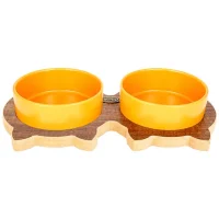 PetVoda Ozark طقم أوعية طعام وماء سيراميك مزدوجة مع حامل خشبي للقطط الخردل 19,5x37,2 cm (400 ml x 2)