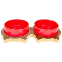 PetVoda Ozark طقم وعاء طعام وماء سيراميك مزدوج للقطط مع حامل خشبي، أحمر 19,5x37,2 cm (400 ml x 2)