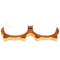 PetVoda Ozark طقم وعاء طعام وماء سيراميك مزدوج للقطط مع حامل خشبي أبيض 19,5x37,2 cm (400 ml x 2)