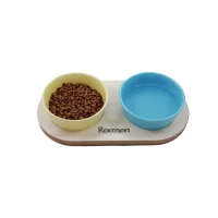 Raccoon Zeus کاسه غذای سرامیکی دوتایی برای گربه و سگ خردلی-آبی 13 Cm